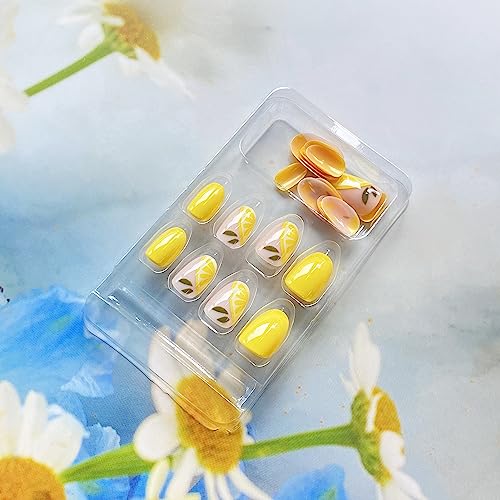 Summer Press on Nails Oval Fake Nails with Lemon Designs Stick on Nails Full Cover Yellow Acrylic Artificial Nails Short Glossy Glue on Nails for Women Girls Holiday Nail Supplies Gift 24pcs - Image 6