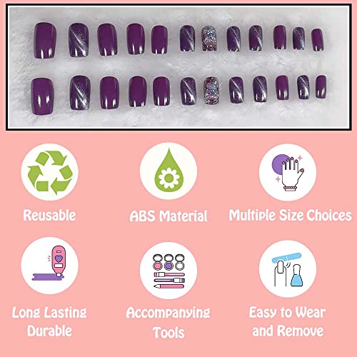 Short Purple Coffin Acrylic Nails for Stylish Trendy Nail Art Designs 24 Count - Image 3
