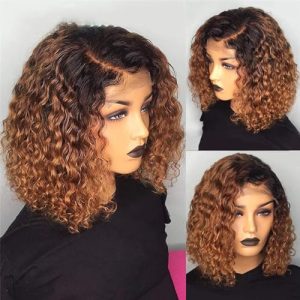 Short Ombre Brown Lace Front Wigs Human Hair 180% Density 13x4 HD Deep Wave Curly Bob Wigs Glueless Wigs Human Hair for Black Women Pre Plucked with Natural Hairline 10 Inch