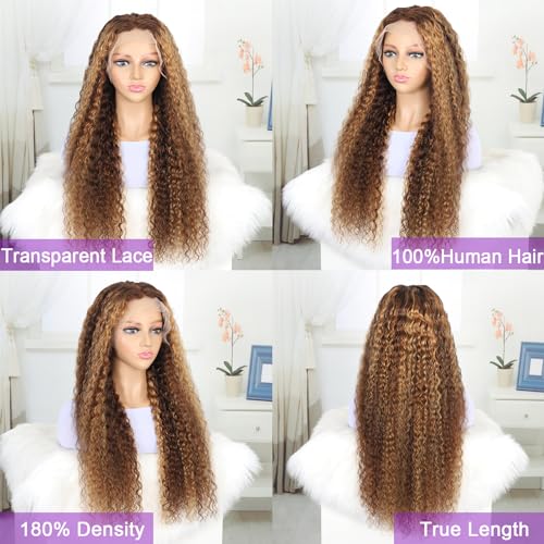 Highlight Lace Front Wig 13x6 Water Wave Lace Front Wigs Human Hair Pre Plucked 180% Density Honey Blonde HD Lace Front Wig For Women Wet And Wavy 4/27 Ombre Curly Lace Frontal Wig 26 Inch - Image 9