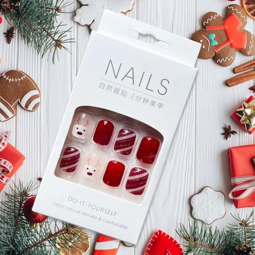 Christmas Press on Nails Short Square Fake Nails Cute Elk Design Glue on Nails Stripe Line Full Cover Coffin False Nails Glossy Wine Red Winter Xmas Acrylic Nails for Women Manicure Decorations 24pcs - Image 4