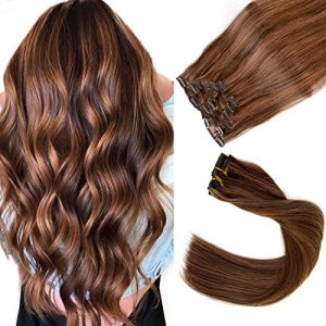 Clip in Hair Extensions Human Hair, Chocolate Brown and Auburn Brown Hair Extensions Real Human Hair Clip ins,70G 20 Inch 7 Pieces Straight Double Weft Remy Human Hair Clip in Extensions