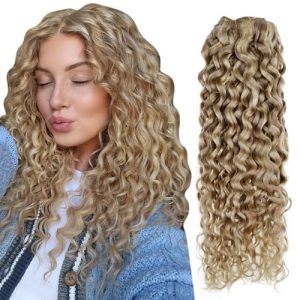 Hetto Curly Clip in Hair Extensions Human Hair #P12/613 Blonde Highlighted Clip in Extensions Human Hair Water Wavy Hair Extensions Clip in Human Hair 16 Inch 7Pcs 105g