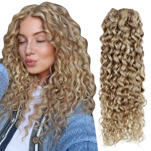 Hetto Curly Clip in Hair Extensions Human Hair #P12/613 Blonde Highlighted Clip in Extensions Human Hair Water Wavy Hair Extensions Clip in Human Hair 16 Inch 7Pcs 105g