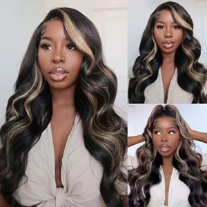 UNICE 16 Inch Body Wave Glueless Lace Front Wig Human Hair Balayage Black Blonde Highlights 150% Density