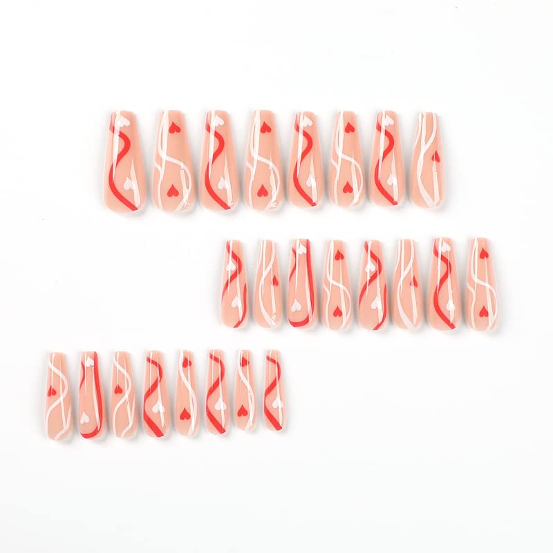 24-Piece Red and White Coffin Acrylic Nail Set for Fashionable Manicures - Image 4