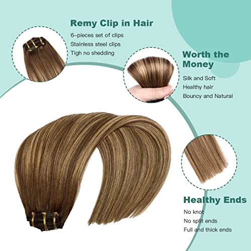 VINBAO Clip In Hair Extensions Human Remy Hair Balayage Chocolate Brown to Caramel Blonde Hair Extensions Clip in Human Hair 20 Inch 6pcs 120g Double Drawn Clip on Hair Extensions(#4/27/4,20'') - Image 4