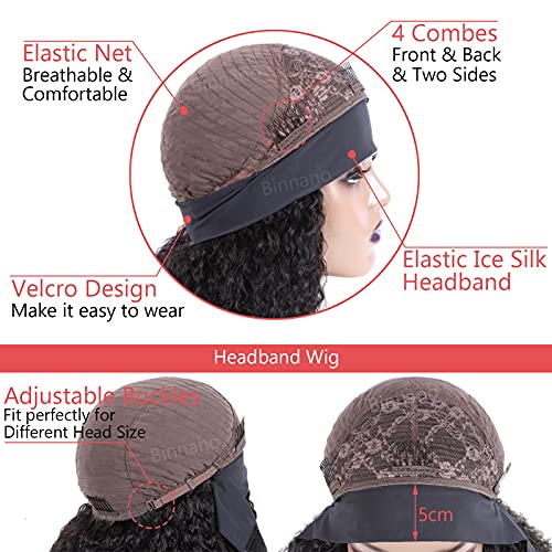 Curly Headband Wig Human Hair Wigs for Black Women - Brazilian Virgin Hair Kinky Curly Wig Headband - Glueless None Lace Front Wigs Human Hair 150% Density Natural Black (18 Inch) - Image 5