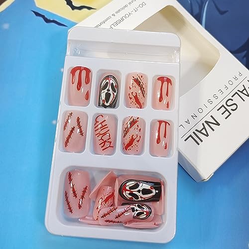 Halloween Press on Nails Square Medium Fake Nails, 24Pcs Black Ghost Bloody Wound Horror False Nails with Design Full Cover Square Shaped Almond Acrylic Glue on Nails for Women Halloween Nail Art - Image 6