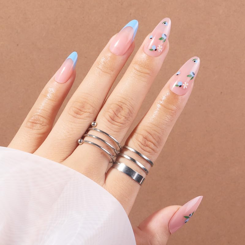 Baby Blue Tips French Almond Press on Nails with Cute Flowers Design, Long Almond Fake Nails Art, Glossy Nude Fake Nails Kit, 24 pieces EALGA-LA031 - Image 2
