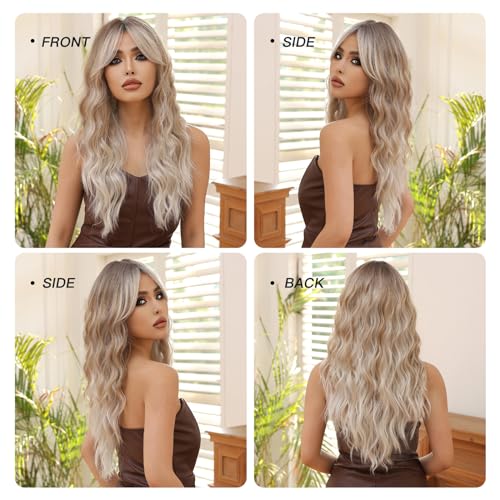 Allbell Long Platinum Blonde Wavy Wigs for Women Synthetic Curly Middle Part Wig with Side Bangs Natural Looking Heat Resistant Fibre for Daily Party Use - Image 6