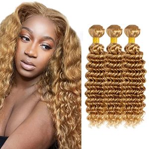 30 30 30 inch Color 27 Human Hair Bundles Honey Blonde Deep Wave Human Hair Bundles Blonde Human Hair Bundles Blonde Wet and Wavy Bundles Grade 8A Remy Blonde Hair Extensions