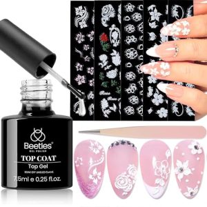 Beetles Gel Nail Polish Kit, 6 Colors Gel Polish Set Purple Glitter Spring Pastel Pink Nail Polish & Beetles 5D Nail Art Stickers Decals Gel Top Coat, Easter Embossed Flower Gel Nail Art Design
