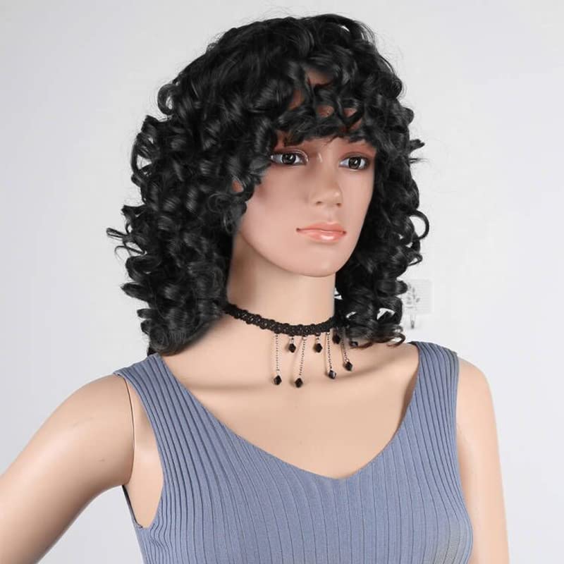 Short Curly Wigs for Black Women Afro Big Curly Black Wigs with Bangs Fluffy Natural Looking Synthetic Wigs for African American Women Daily Cosplay Party Use Soft Hair (Black) - Image 2