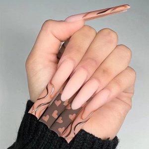 Acrylic Nails Set with Brown Heart Design for Stylish Nail Art and Manicure