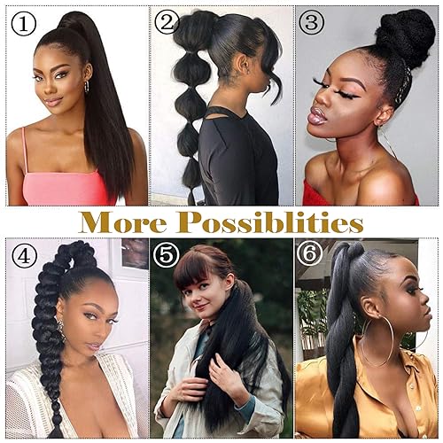 Kinky Straight Long Wig Ponytail 20inch Yaki Straight Fake Hair Ponytail Extensions for Women Black Mix Brown Drawstring Up Down Ponytail Clip in (T1B/30) - Image 6