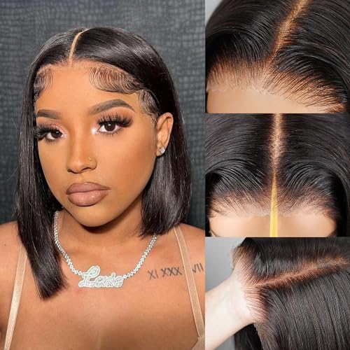 Bob Wig Human Hair Glueless Wigs Human Hair for Women Pre plucked Pre cut 6×5 Lace Front Short Bob Wigs Human Hair (Straight Natural Black-10 inch)