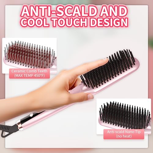 Ionic Hair Straightener & Curling Brush, Heated Flat Iron Brush, AmoVee Thermal Hair Straightener Brush, MCH 20s Fast Heating up, 15 Adjustable Temp 170℉-450℉, Auto Temp Lock, Dual Voltage - Image 7