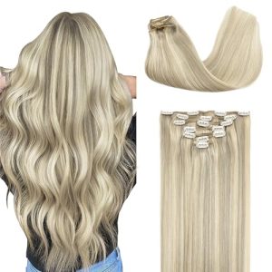 GOO GOO 16 Inch Ash Blonde Highlighted Platinum Blonde Clip In Hair Extensions 120g 7Pcs