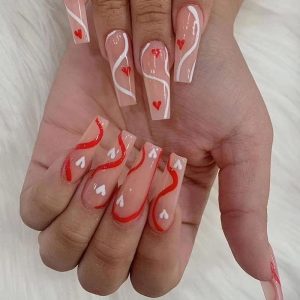 24-Piece Red and White Coffin Acrylic Nail Set for Fashionable Manicures