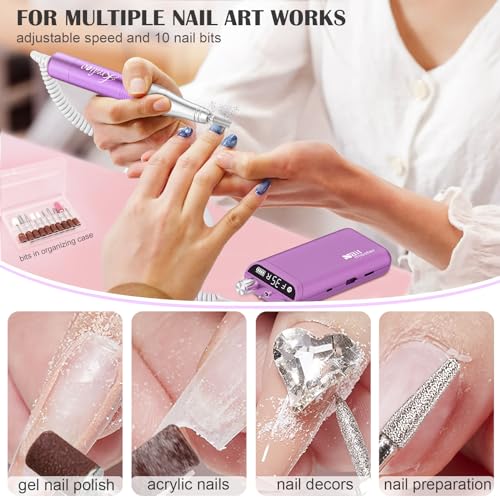 Kredioo Nail Drill, Nail Drills for Professional Acrylic Nails 35000RPM Rechargeable Portable Electric File Drill Machine with 10 Bits Set Quickly Remove Gel Polish Salon Quality Manicure-Purple - Image 3