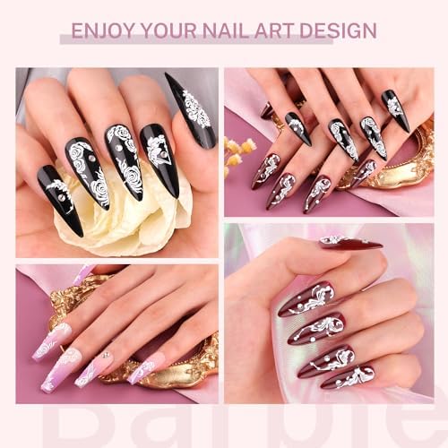 6 Sheets 5D French Lace Nail Art Stickers, Embossed Nail Decals with Tweezer, 3D Self Adhesive Classic White Lace Retro Flower Rose Vine Acrylic Nail Accessories for Wedding French Tips Design Set-3 - Image 4