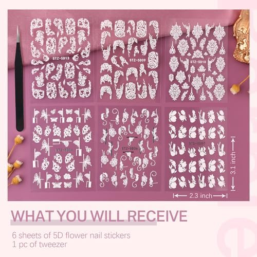 6 Sheets 5D French Lace Nail Art Stickers, Embossed Nail Decals with Tweezer, 3D Self Adhesive Classic White Lace Retro Flower Rose Vine Acrylic Nail Accessories for Wedding French Tips Design Set-3 - Image 2