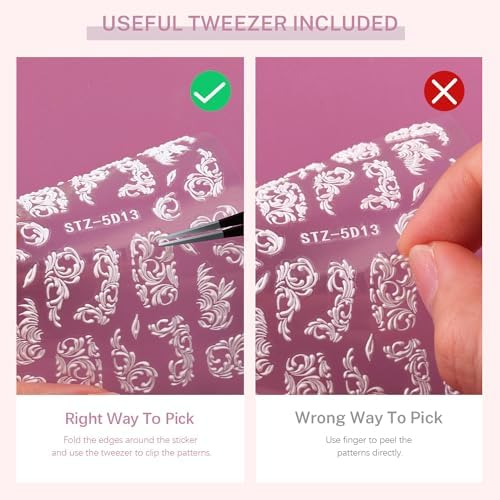 6 Sheets 5D French Lace Nail Art Stickers, Embossed Nail Decals with Tweezer, 3D Self Adhesive Classic White Lace Retro Flower Rose Vine Acrylic Nail Accessories for Wedding French Tips Design Set-3 - Image 5