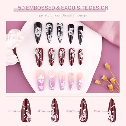 6 Sheets 5D French Lace Nail Art Stickers, Embossed Nail Decals with Tweezer, 3D Self Adhesive Classic White Lace Retro Flower Rose Vine Acrylic Nail Accessories for Wedding French Tips Design Set-3 - Image 3