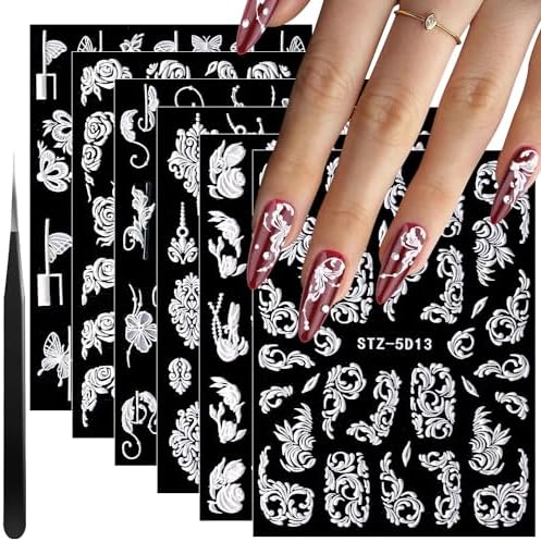 6 Sheets 5D French Lace Nail Art Stickers, Embossed Nail Decals with Tweezer, 3D Self Adhesive Classic White Lace Retro Flower Rose Vine Acrylic Nail Accessories for Wedding French Tips Design Set-3