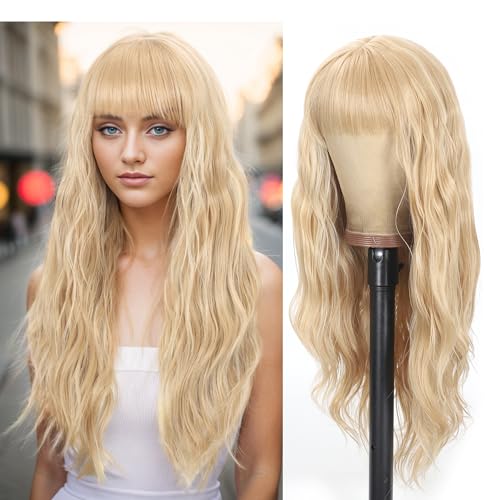 613 Blonde Long Wavy Synthetic Heat Resistant Hair Replacement Wig with Bangs - Women's