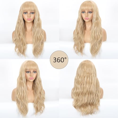 613 Blonde Long Wavy Synthetic Heat Resistant Hair Replacement Wig with Bangs - Women's - Image 5