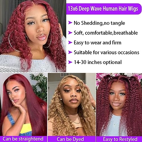 18 Inch 99j Burgundy Deep Wave 13x6 Lace Front Wig 180% Density Human Hair - Image 5
