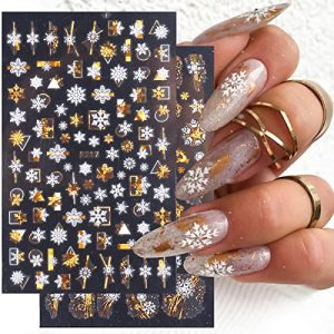 8 Sheets Gold Snowflake Nail Art Stickers 3D Christmas Nail Decals White Snowflakes Self-Adhesive Stickers Xmas Winter Bronzing Nail Designs Holiday Nail Stickers for Women Girls Nail Decorations