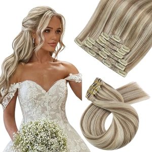 Moresoo Human Hair Clip in Extensions Blonde Highlights Clip in Hair Extensions Real Human Hair Double Weft Clip on Hair Extensions Human Hair Full Head 16inch 7Pieces 120Grams