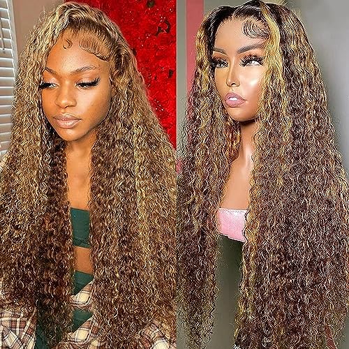 Highlight Lace Front Wig 13x6 Water Wave Lace Front Wigs Human Hair Pre Plucked 180% Density Honey Blonde HD Lace Front Wig For Women Wet And Wavy 4/27 Ombre Curly Lace Frontal Wig 26 Inch - Image 2