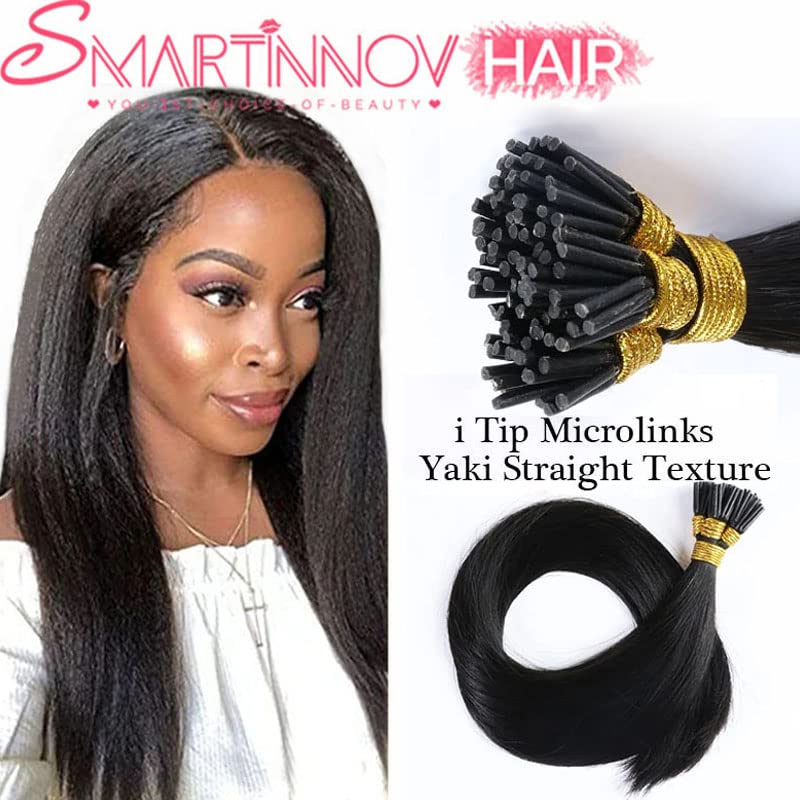 Yaki Straight I Tip Hair Extensions Human Hair Brazilian Remy Hair 22 Inch Invisible Keratin Stick I tip Hair Bundles Pre Bonded Real Hair Extensions Microlink Beads Hair for Black Women 50g/50Strand - Image 5