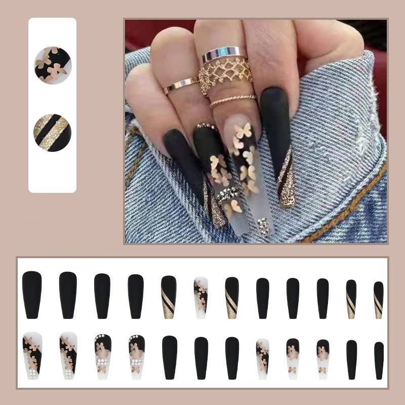 Matte Black and Gold Acrylic Nail Design - Image 2