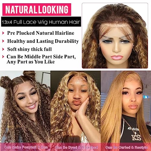 26inch Highlight Ombre Water Wave P4/27 Highlight 13x4 HD Transparent Lace Front Wigs Ombre Human Hair Wet and Wavy Curly Glueless Lace Frontal Wigs Pre Plucked with Baby Hair 180% Density - Image 4