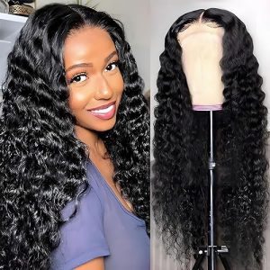 Wavy Lace Front Wigs Deep Wave 180% Density Pre Plucked Brazilian Wet and Natural Color Glueless Wigs Curly Lace Frontal Wigs with Baby Hair Human Hair Natural Hairline for Black Women (30 Inch)