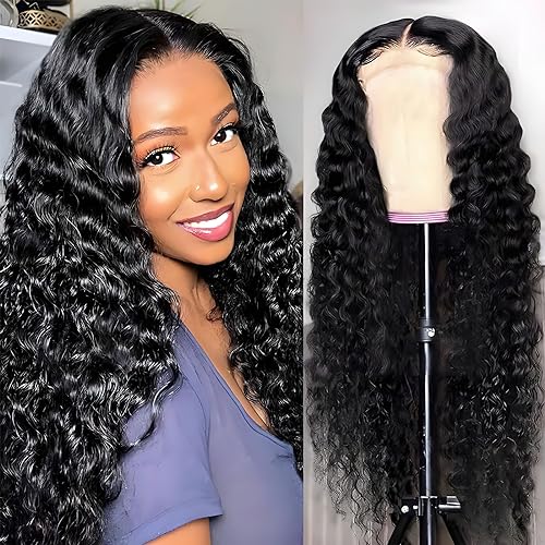 Wavy Lace Front Wigs Deep Wave 180% Density Pre Plucked Brazilian Wet and Natural Color Glueless Wigs Curly Lace Frontal Wigs with Baby Hair Human Hair Natural Hairline for Black Women (30 Inch)