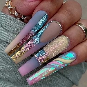 24-Piece Long Coffin Acrylic Nail Set with Elegant Designs