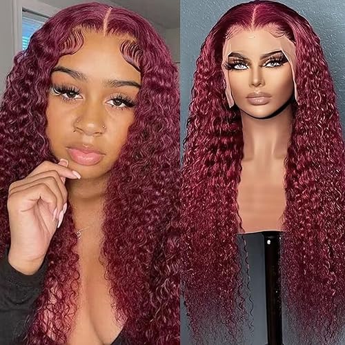 18 Inch 99j Burgundy Deep Wave 13x6 Lace Front Wig 180% Density Human Hair