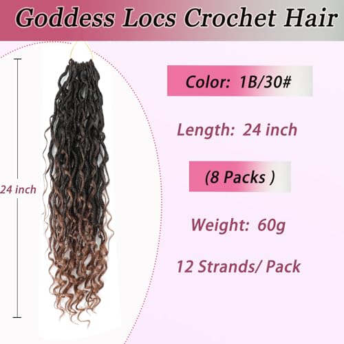 8 Packs Goddess Locs Crochet Hair- 24 Inch Faux Locs Crochet Hair for Black Women Soft Locs with Curly Ends Crochet Braids River Locs Crochet Locs (1B/30#) - Image 3