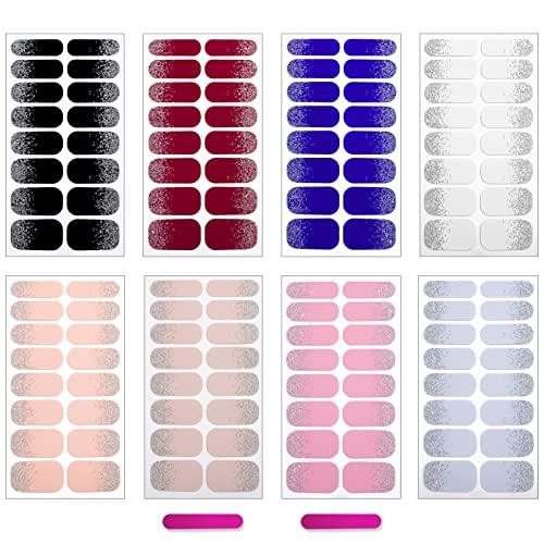 8 Sheets Nail Wraps for Women Nail Polish Strips Solid Color French Glitter Colorful Full Nail Polish Sticker, DIY Self-Adhesive Black White Sparkle Nail Art Decals Decor with 2 Piece Nail Files (128 Pieces) - Image 7