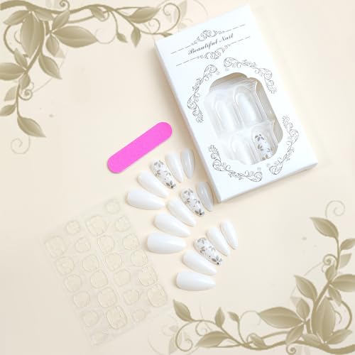 Hand-Painted Acrylic Nails with Delicate Flower Design - Medium Length - Image 5