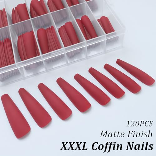 AddFavor XXL Extra Long Press on Nails Coffin Matte Fake Nails Full Cover Acrylic False Nails 12 Sizes 120pcs Red Nail Tips for Women Fingernails Manicure Design - Image 4