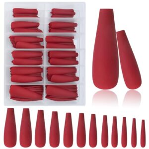AddFavor XXL Extra Long Press on Nails Coffin Matte Fake Nails Full Cover Acrylic False Nails 12 Sizes 120pcs Red Nail Tips for Women Fingernails Manicure Design