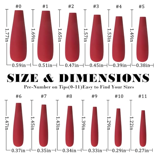 AddFavor XXL Extra Long Press on Nails Coffin Matte Fake Nails Full Cover Acrylic False Nails 12 Sizes 120pcs Red Nail Tips for Women Fingernails Manicure Design - Image 3