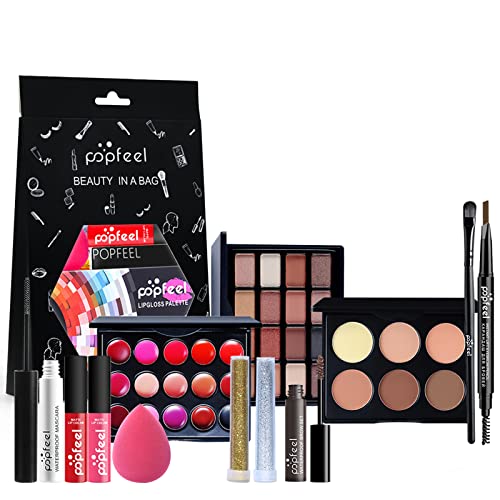 All-in-One Holiday Gift Surprise Makeup Set Essential Starter Bundle Include Eyeshadow Palette Lipstick Concealer Blush Mascara Eyeliner Face Powder Lipgloss Brush - Full Makeup Kit for Women